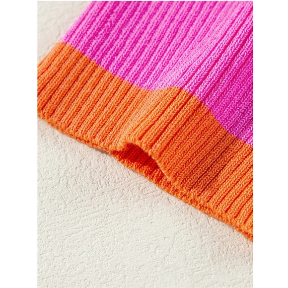 Knit Striped Pink Blue Orange Short Sleeve Crew Neck Tee Shirt Top - Picture 7 of 12